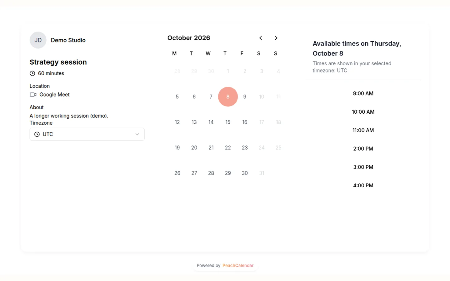 A PeachCalendar booking page with a month calendar and open time slots